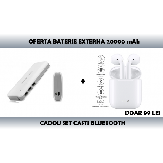 Set Baterie externa Power bank 20000 mAh+Cadou Casti in-ear tip Earpods cu Microfon si Telecomanda pentru Iphone, Ipad, Ipod, Android Set Baterie externa Power bank 20000 mAh+Cadou Casti in-ear tip Earpods cu Microfon si Telecomanda pentru Iphone, Ipad, Ipod, Android